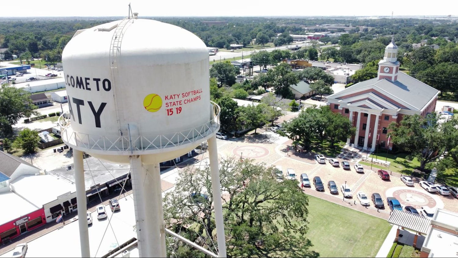 The Katy Police Department operates a drone, which in 2021 took this photo of the iconic Katy water tower, which had been updated to honor Katy High’s 2015 and 2019 state championships in softball.